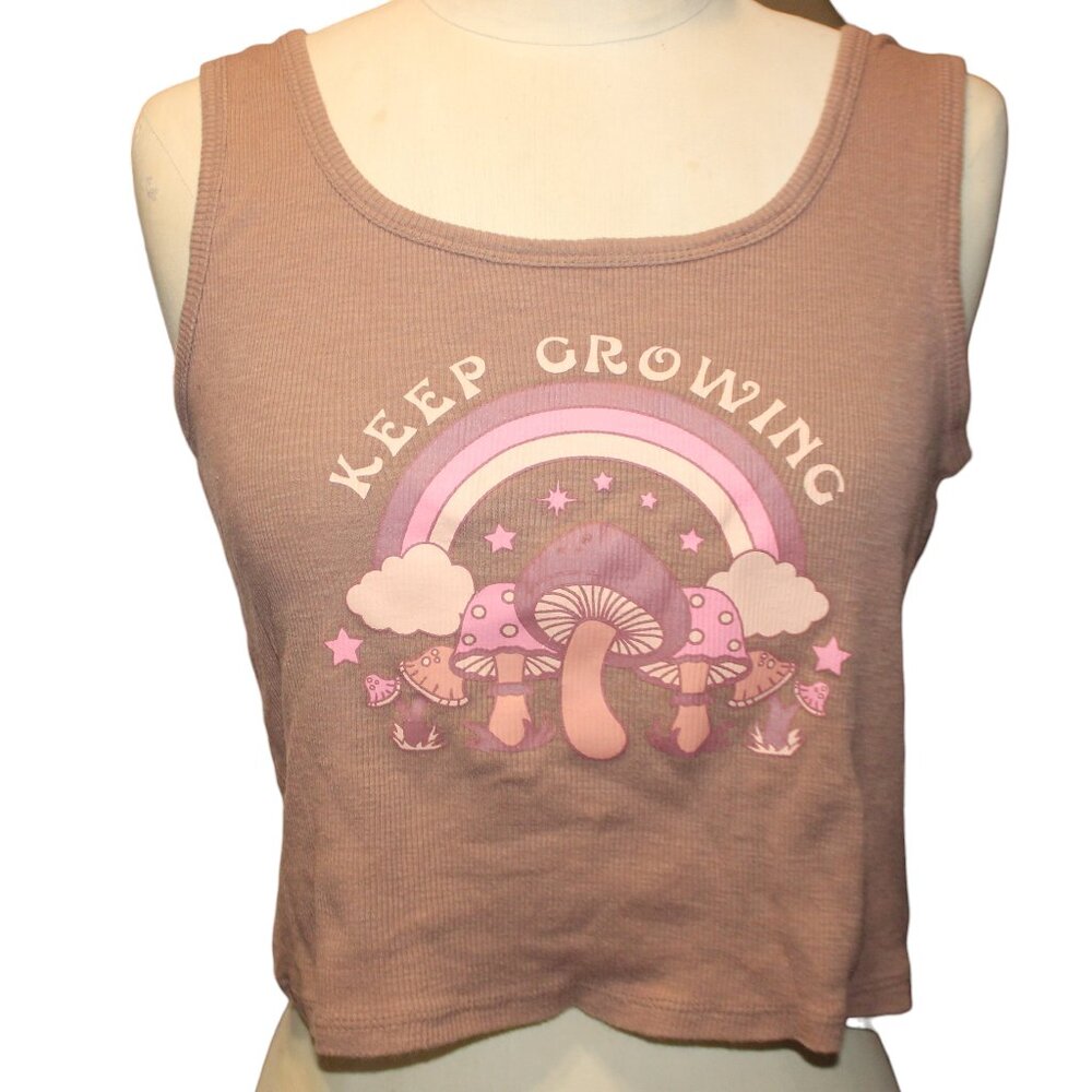 VTG OBSESSIVE LOVE Mushroom Cropped Tank Top XL Boho 90s Cartoon Kidcore